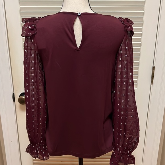 Loft Shimmer Dotted Ruffle Yoke Mixed Media Top in Crushed Blackberry, Size Med - Picture 12 of 17